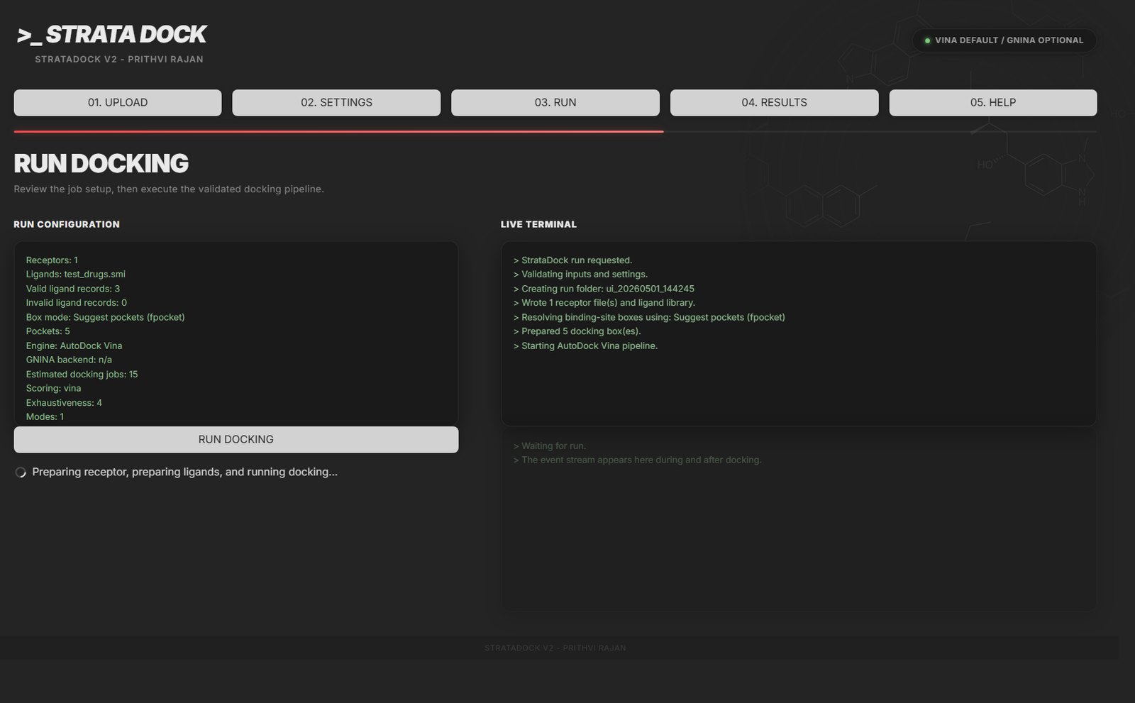 StrataDock application run screen showing docking configuration and live terminal output