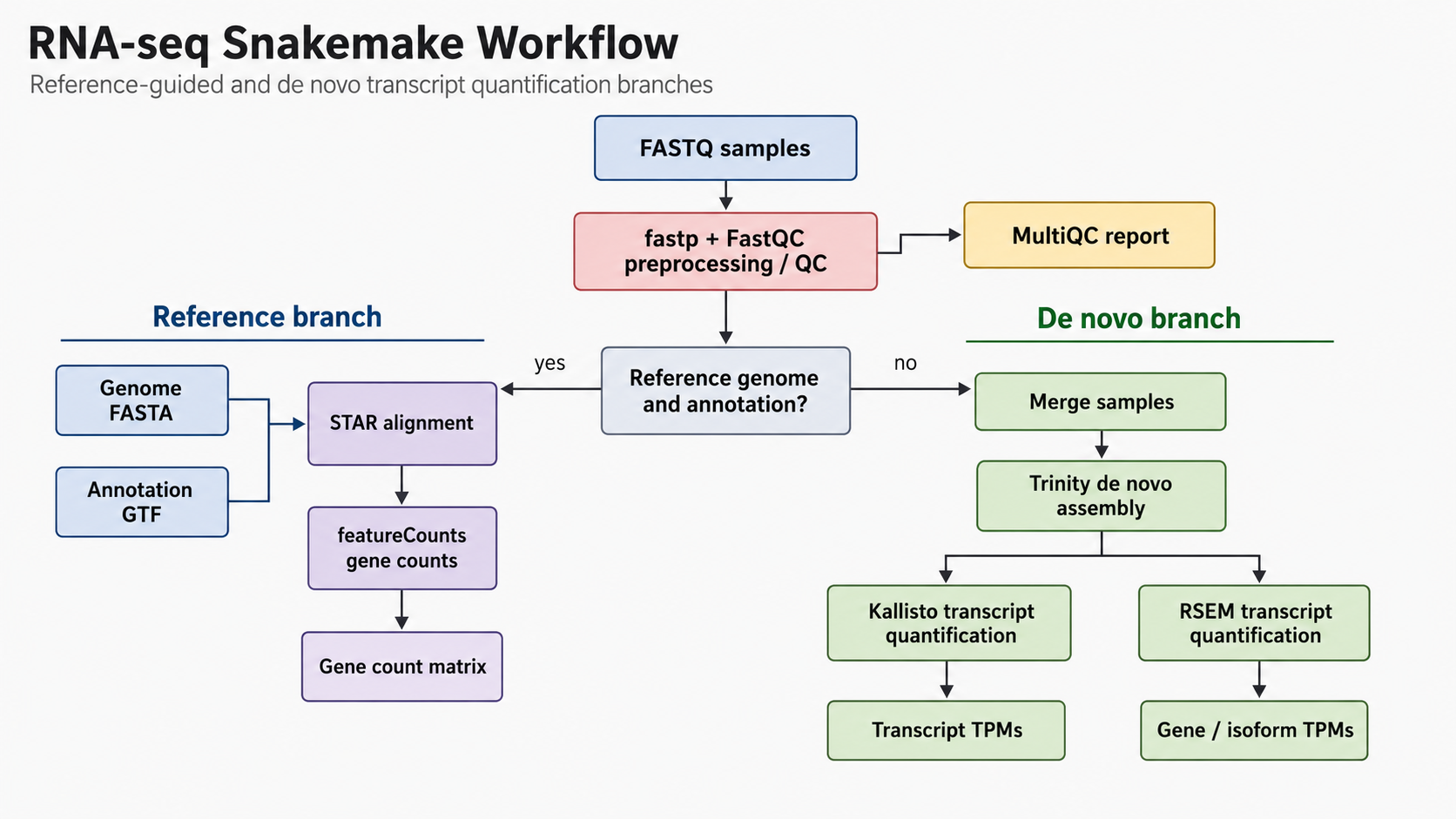 RNA-seq Snakemake workflow diagram with reference and de novo quantification branches